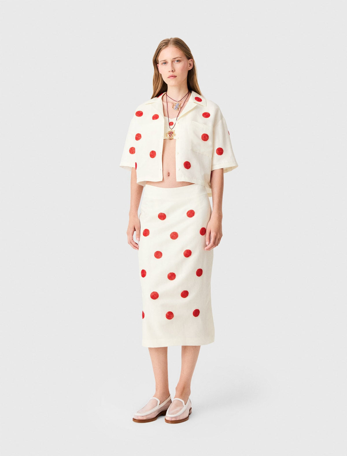 Embroidered linen-silk pencil skirt | Maje