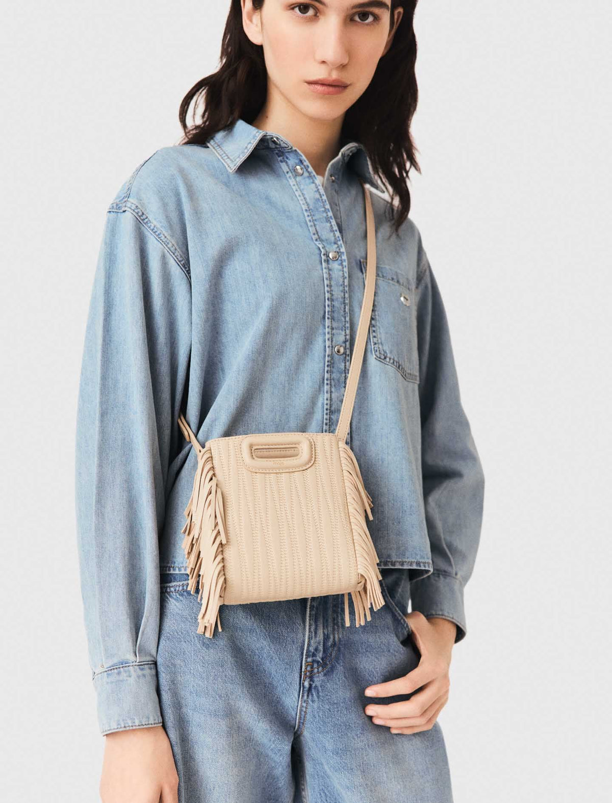 Topstitched leather mini M bag | Maje