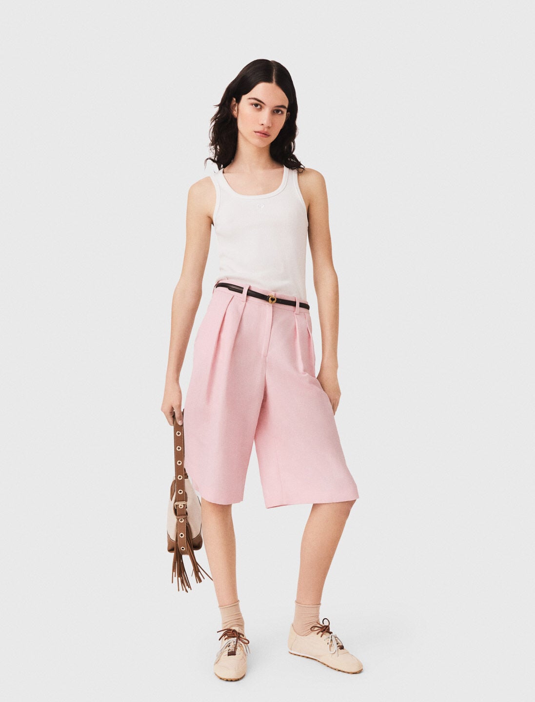 Pleated linen blend Bermuda shorts | Maje