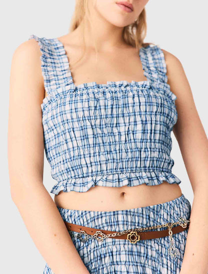 Smocked rhinestone cotton top | Maje