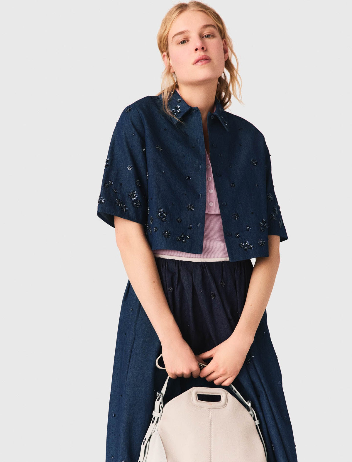 Embroidered cropped denim shirt | Maje