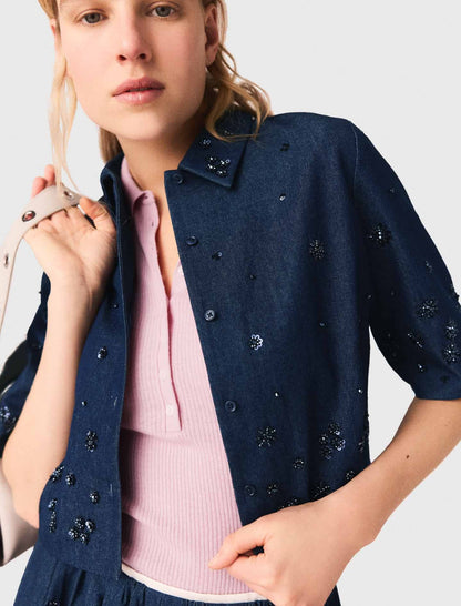 Embroidered cropped denim shirt | Maje