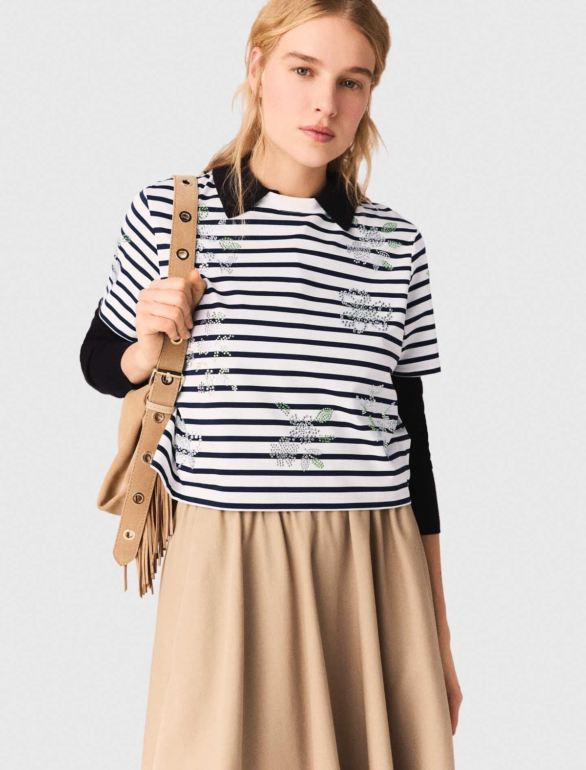 Striped rhinestone flower T-shirt | Maje