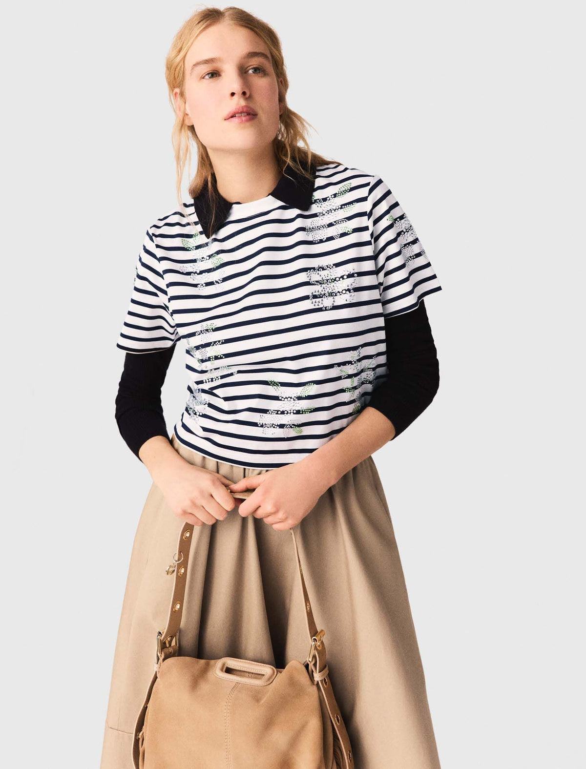 Striped rhinestone flower T-shirt | Maje