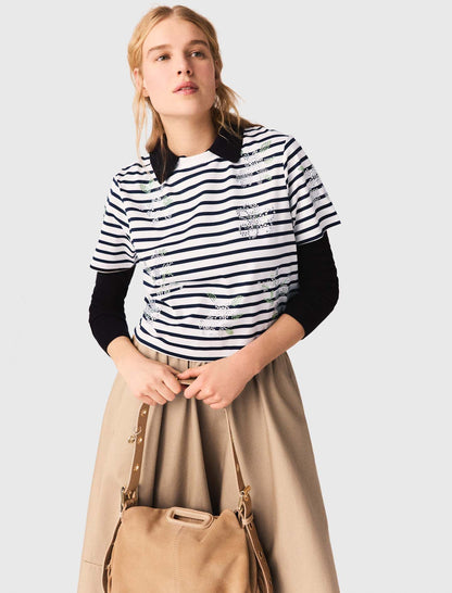 Striped rhinestone flower T-shirt | Maje
