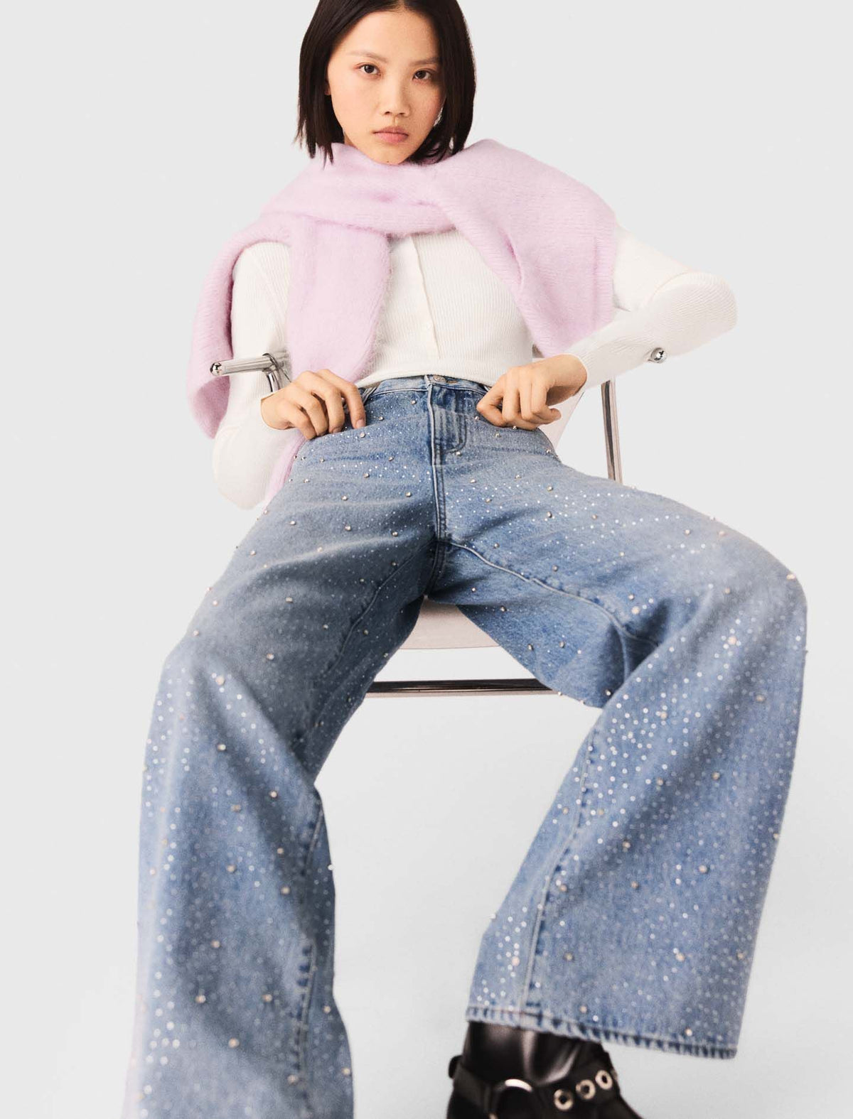 Wide-leg all-over rhinestone jeans | Maje
