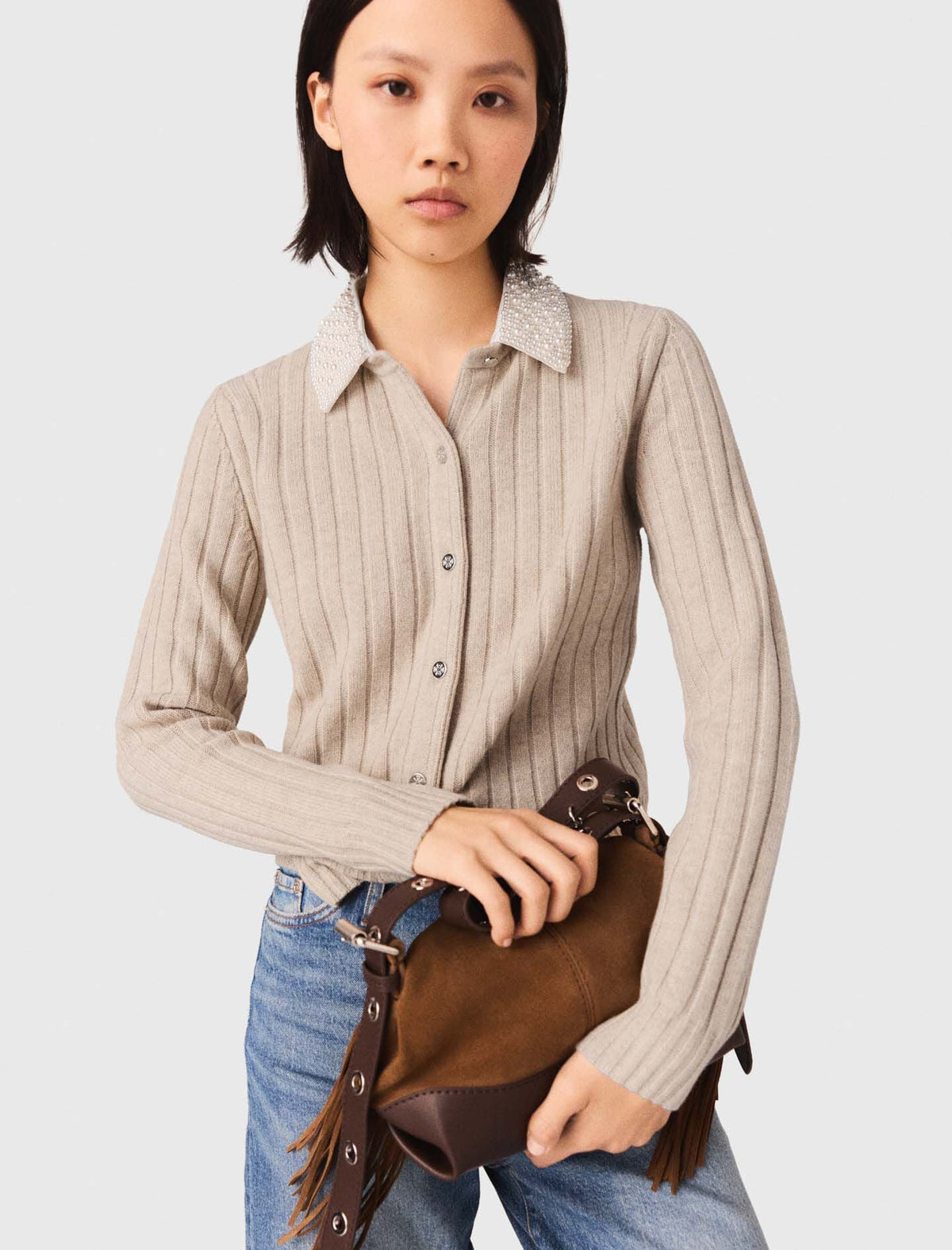 Cardigan with removable pearl collar | Maje
