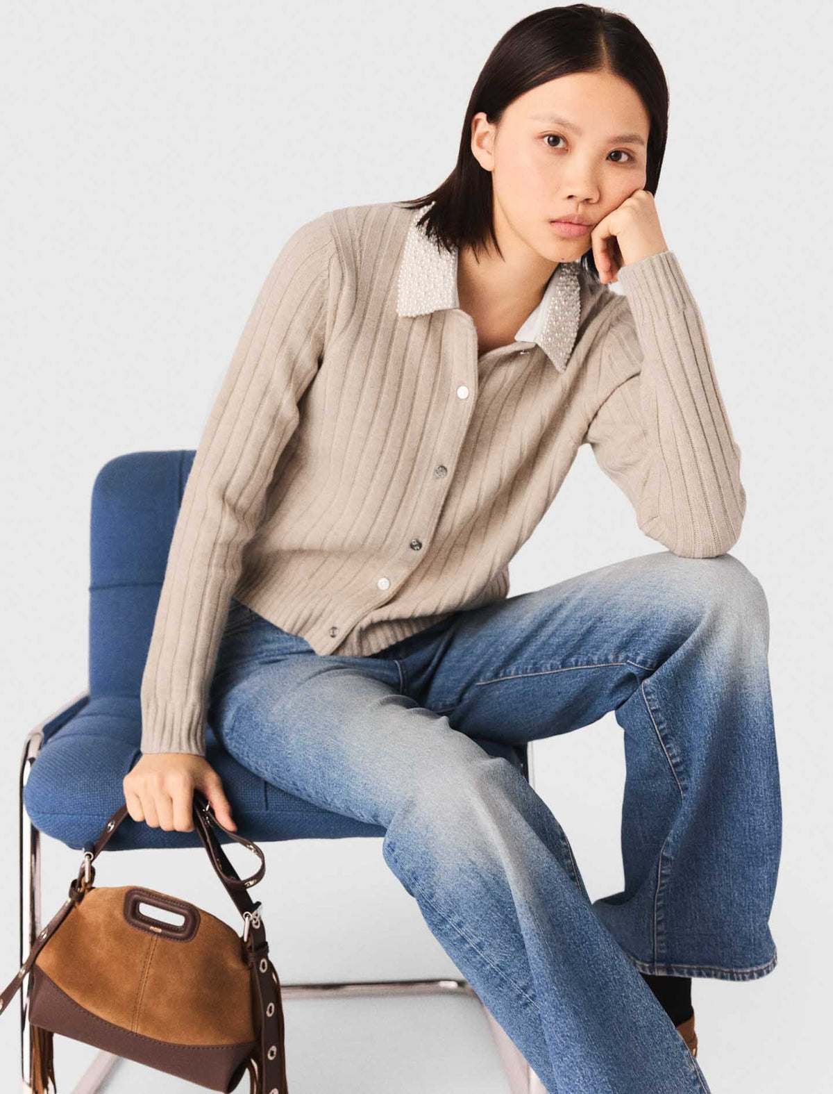 Cardigan with removable pearl collar | Maje