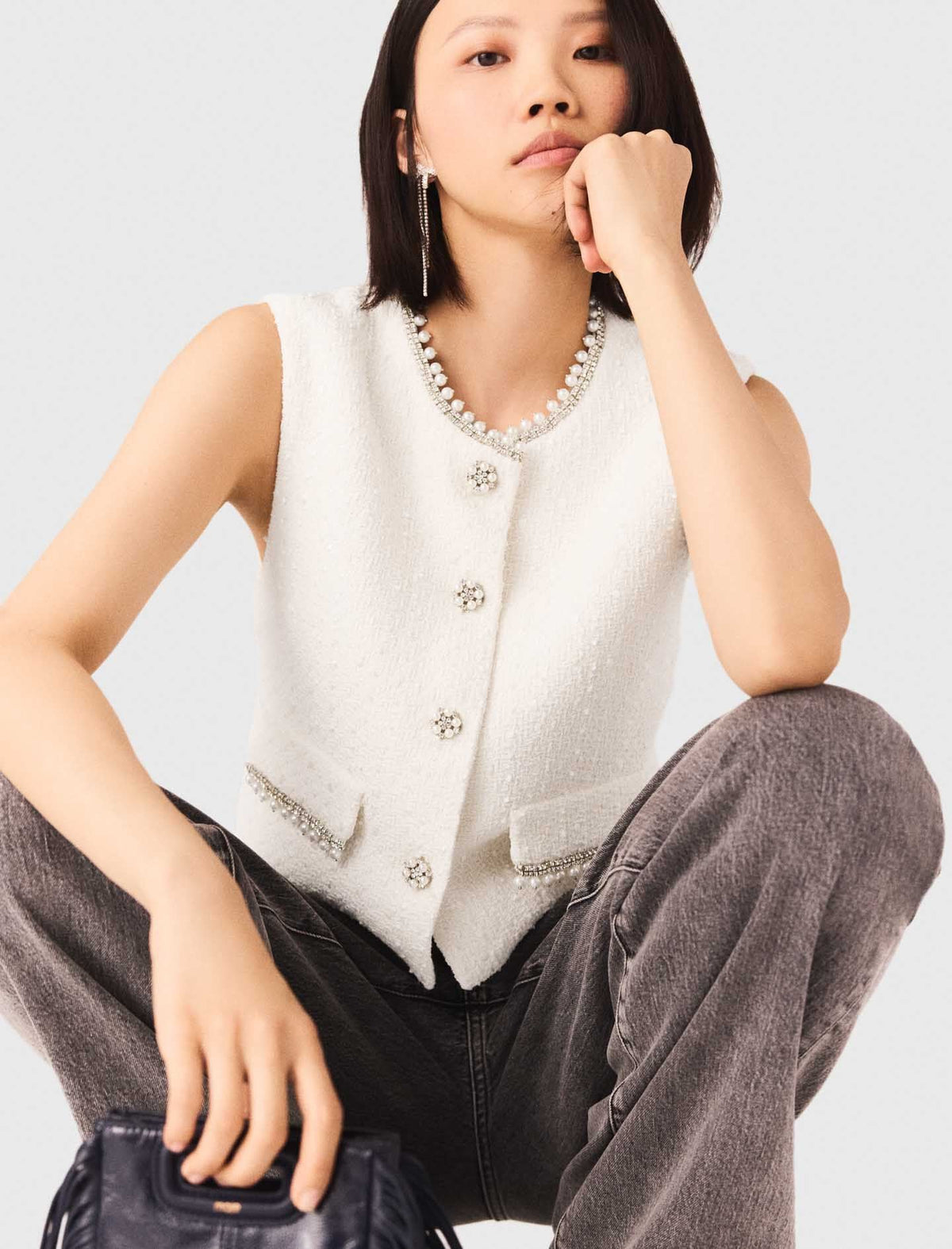 Tweed vest with pearl trim | Maje
