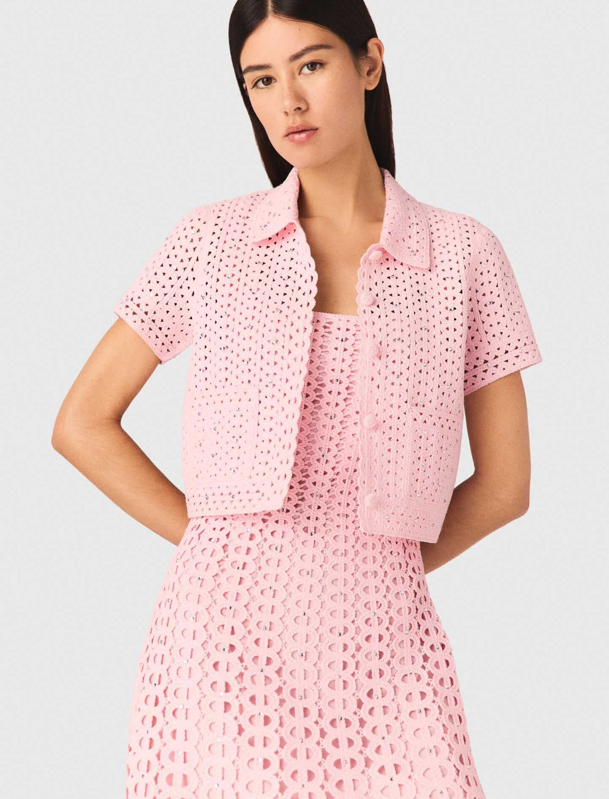 Rhinestone crochet cardigan | Maje