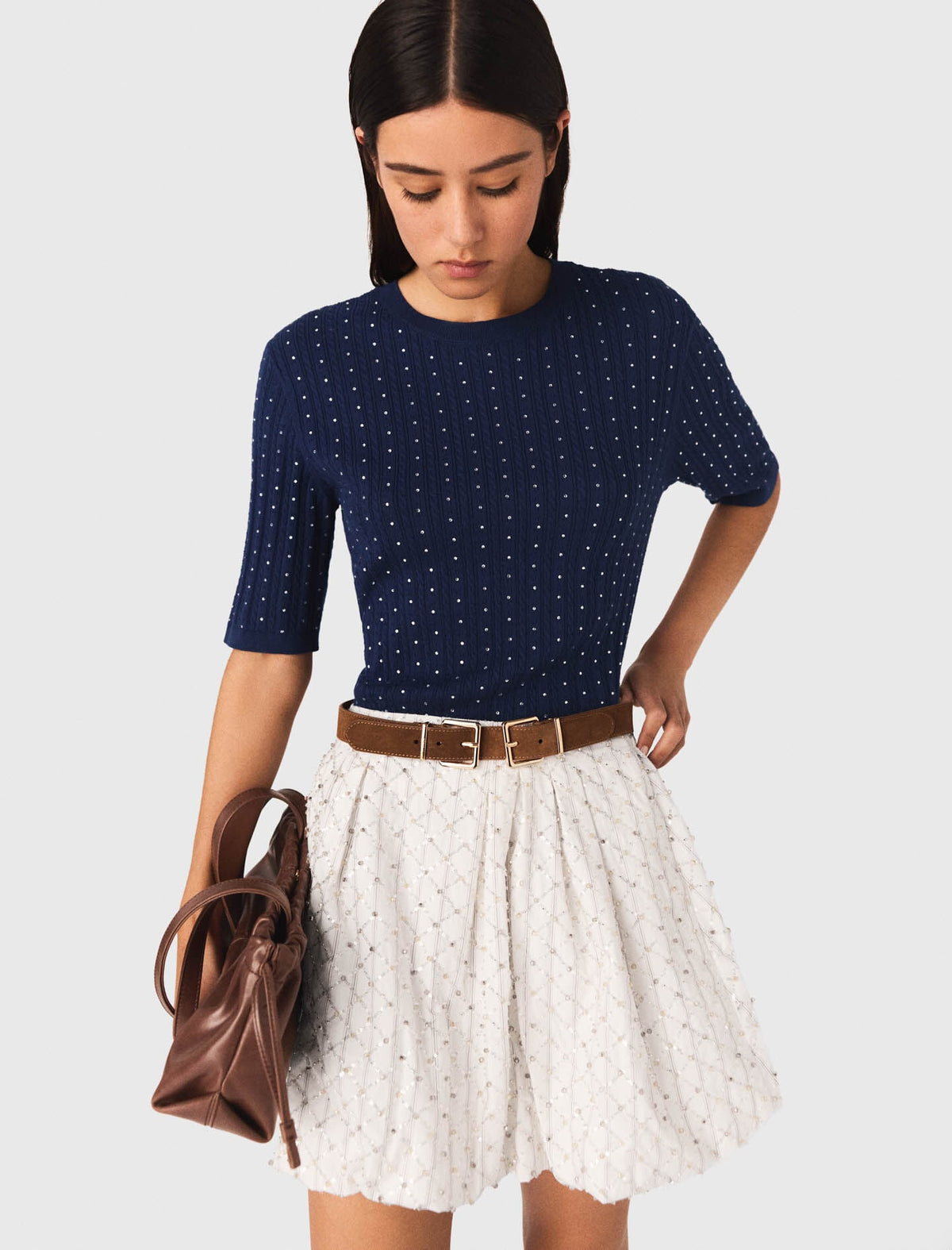 Round-neck rhinestone sweater | Maje