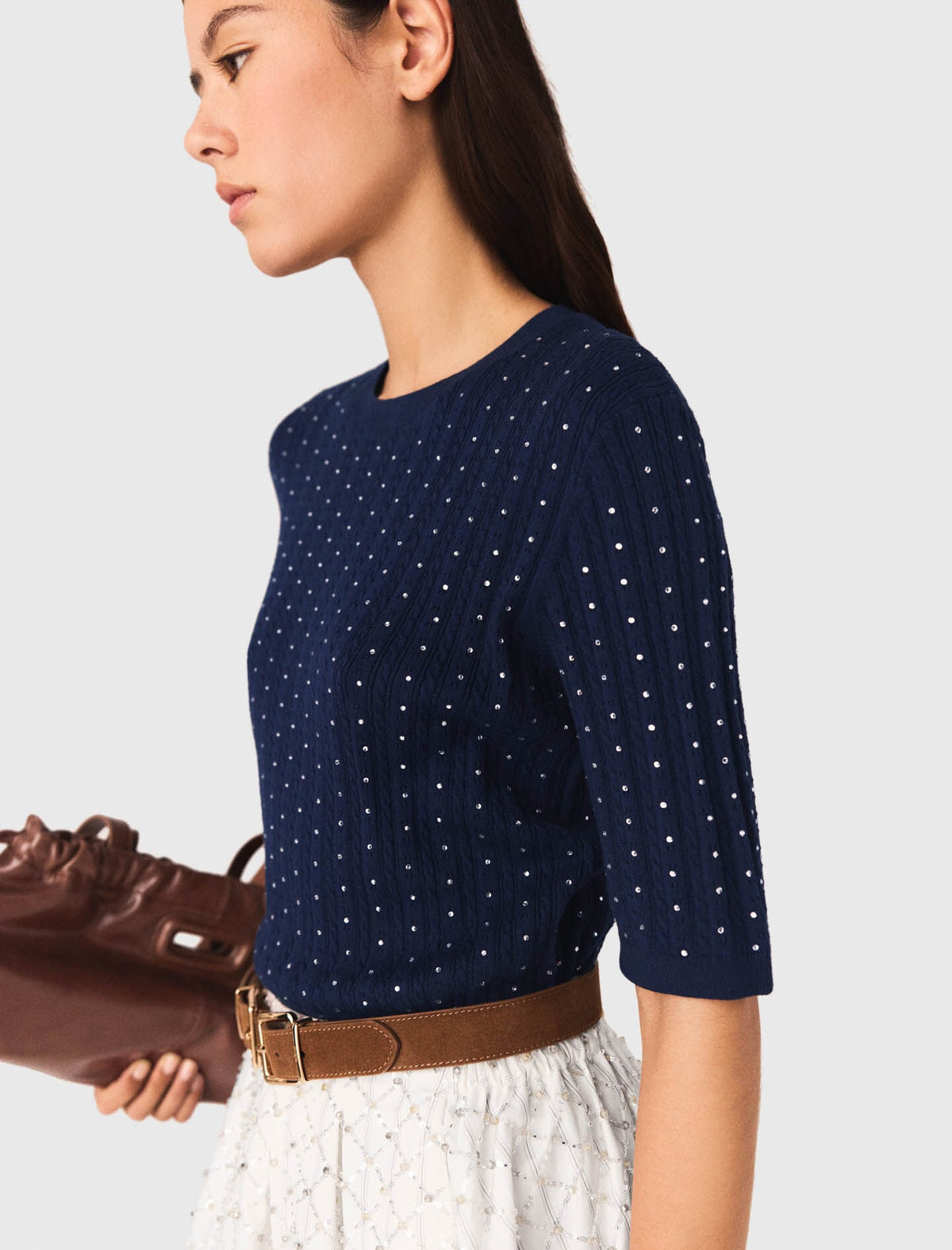Round-neck rhinestone sweater | Maje
