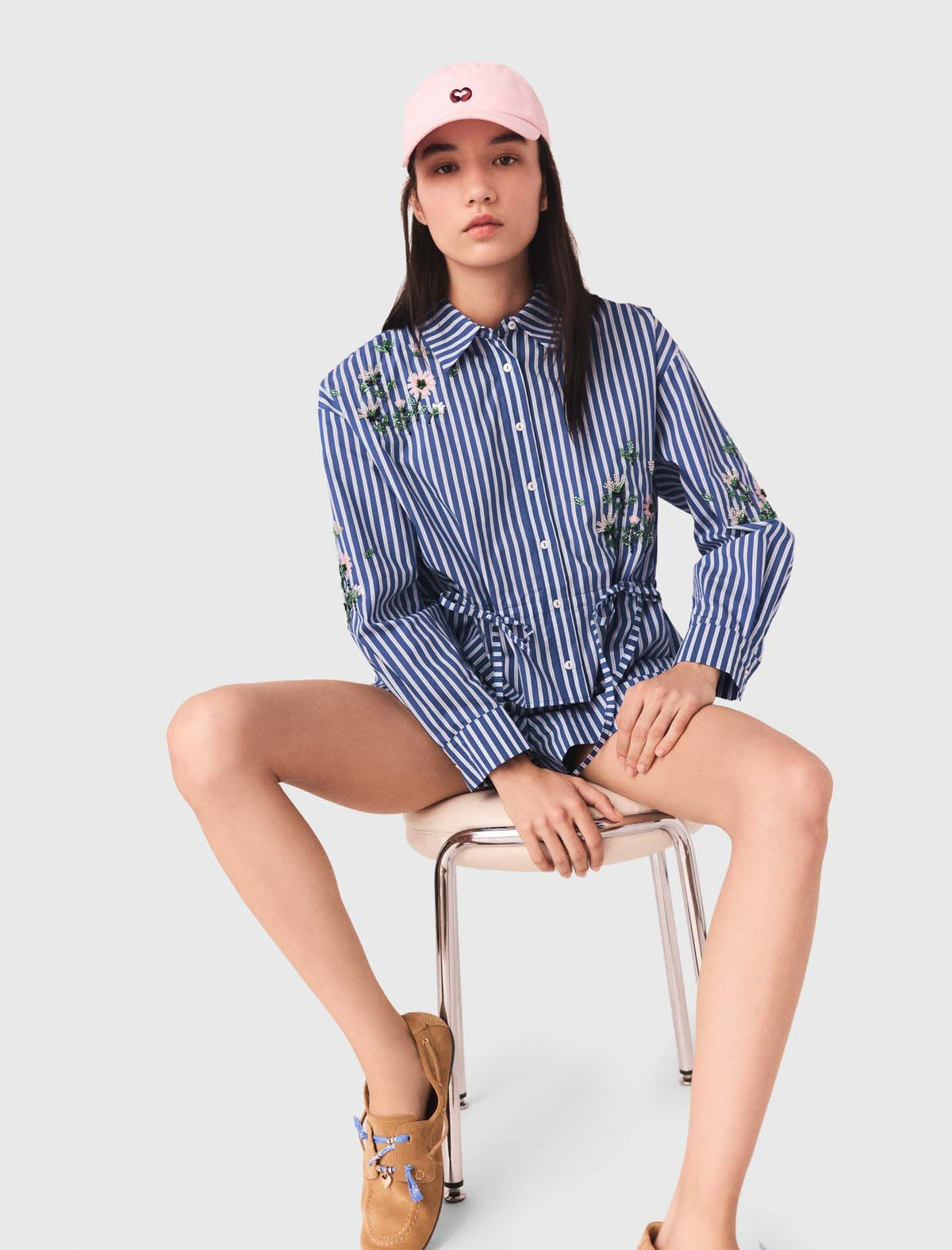 Cropped embroidered striped shirt | Maje