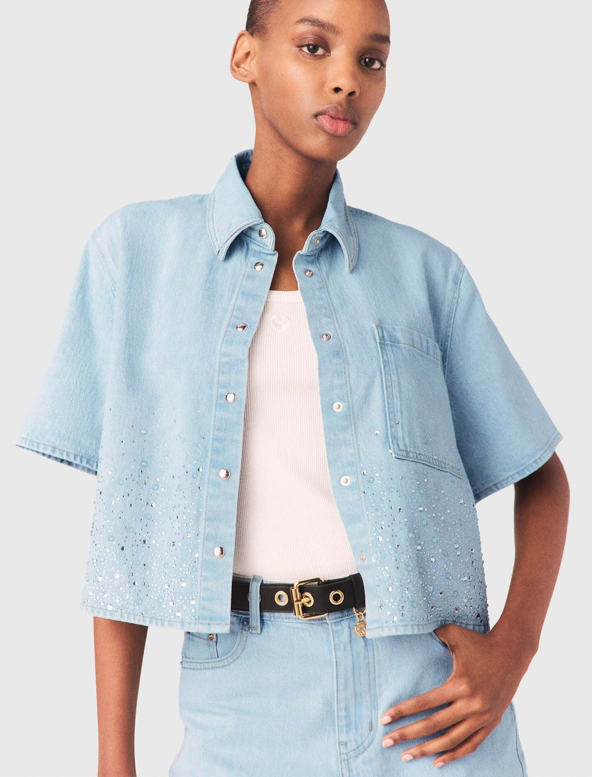 Cropped rhinestone denim shirt | Maje