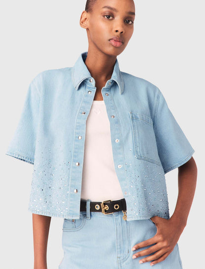 Cropped rhinestone denim shirt | Maje