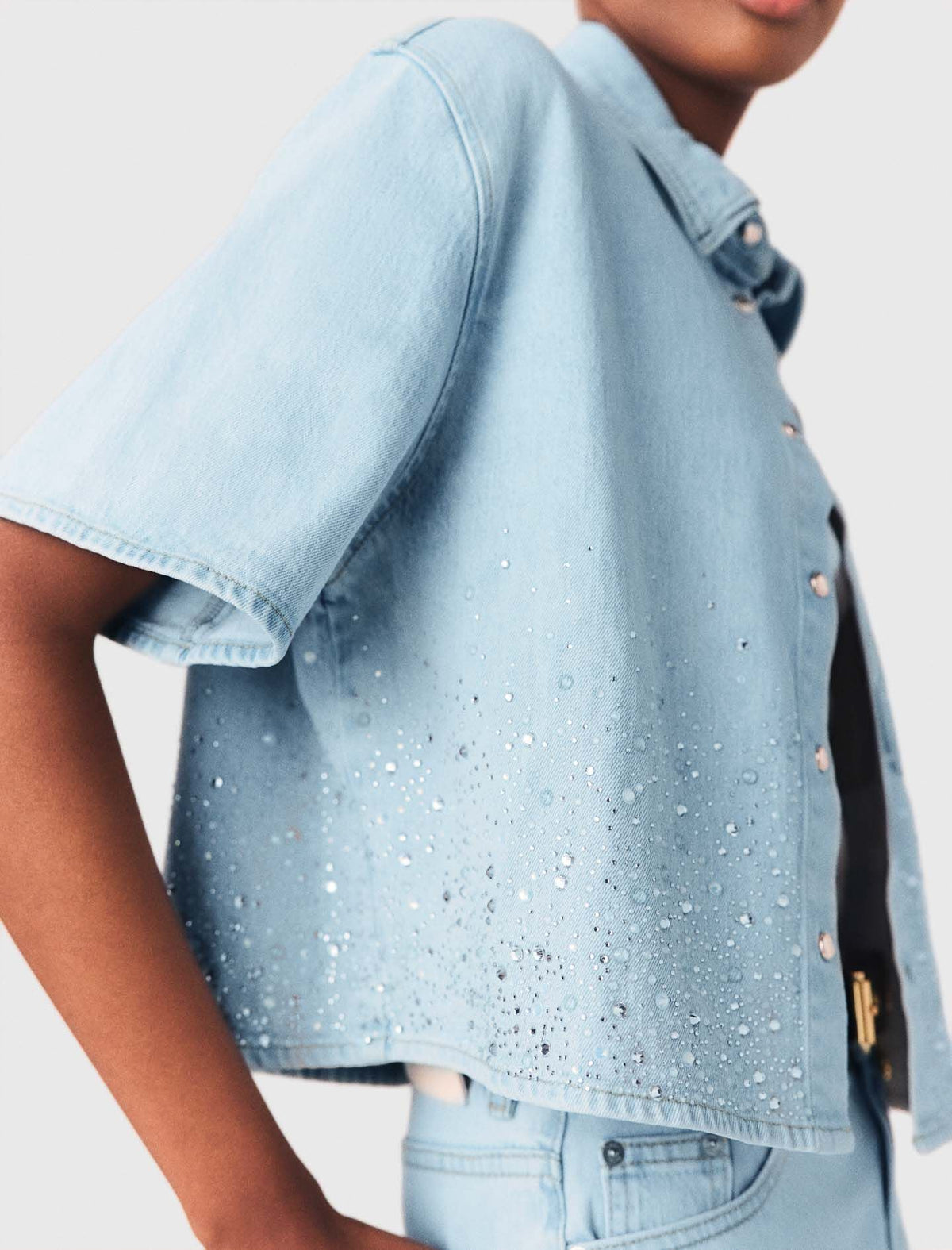 Cropped rhinestone denim shirt | Maje