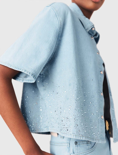 Cropped rhinestone denim shirt | Maje