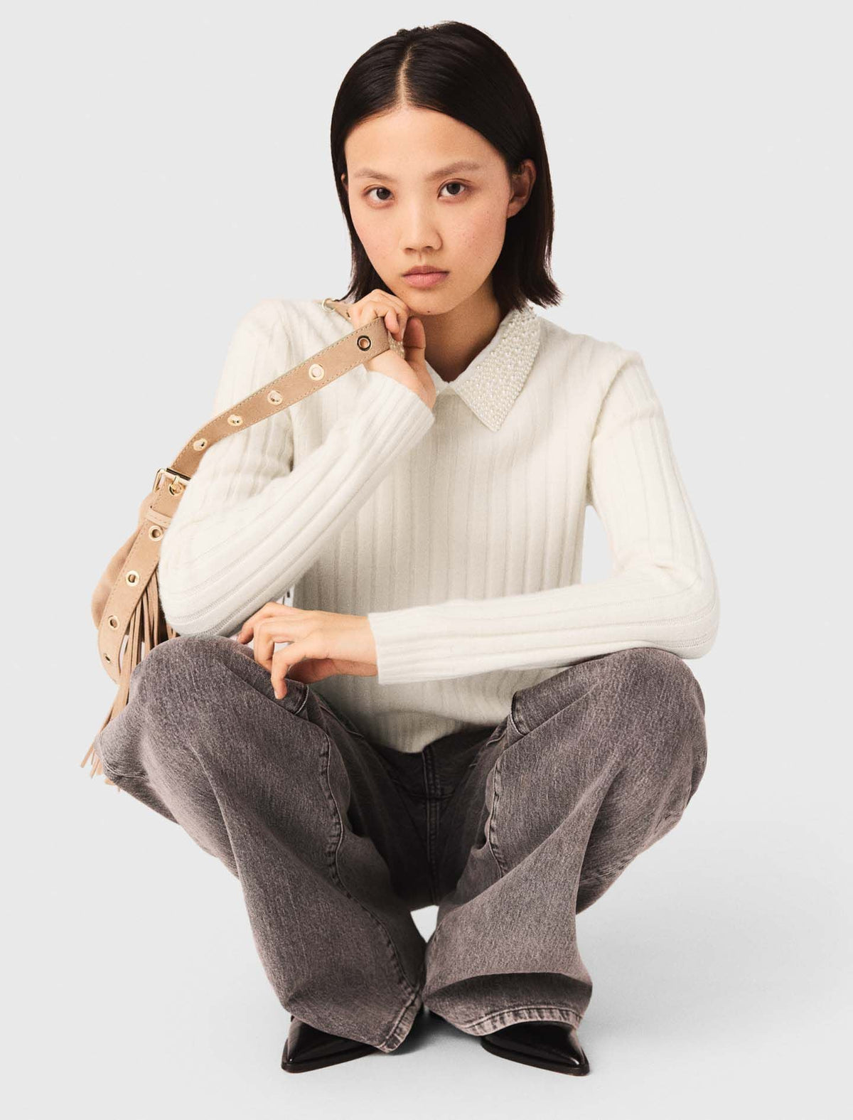 Pearl collar ribbed sweater | Maje
