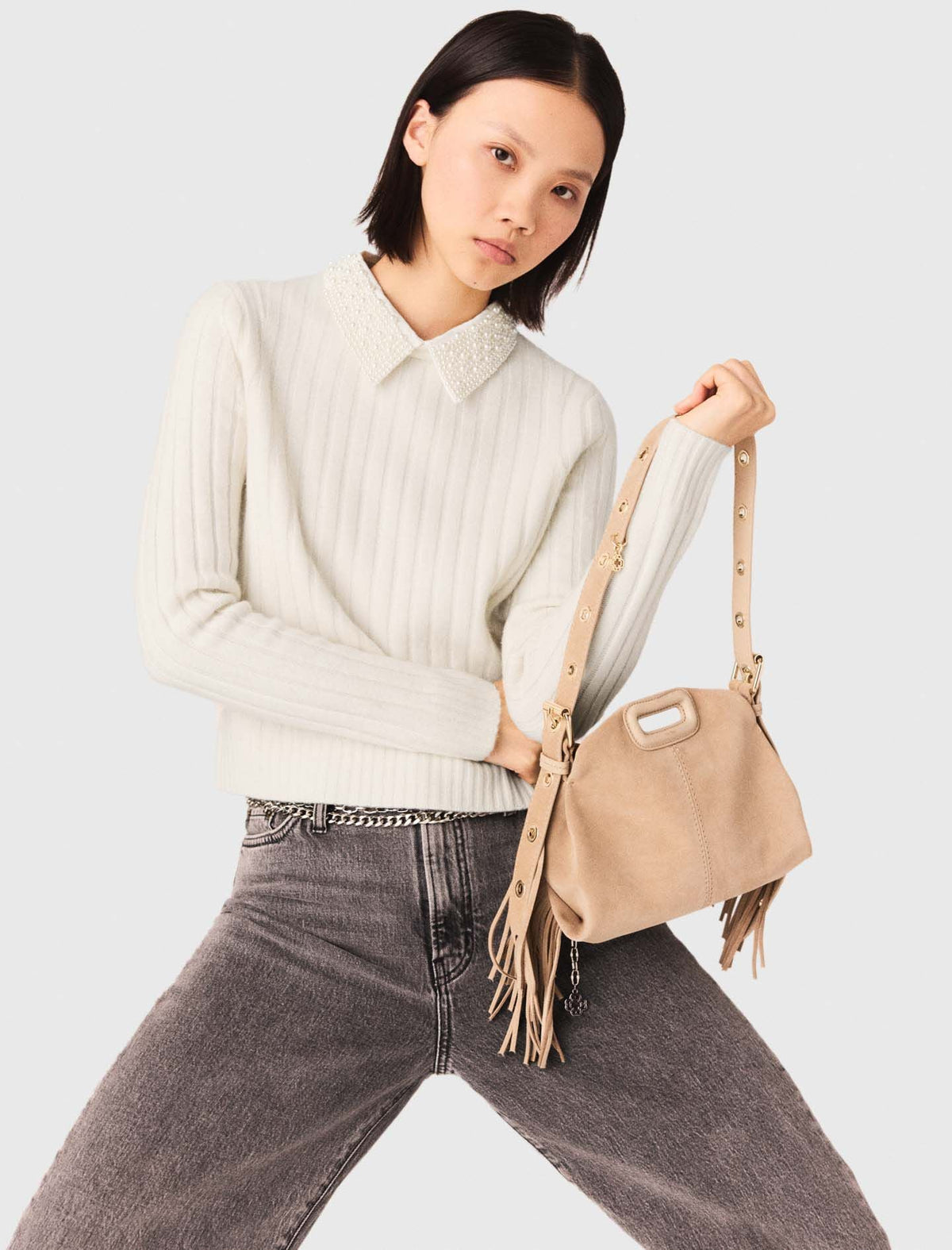 Pearl collar ribbed sweater | Maje