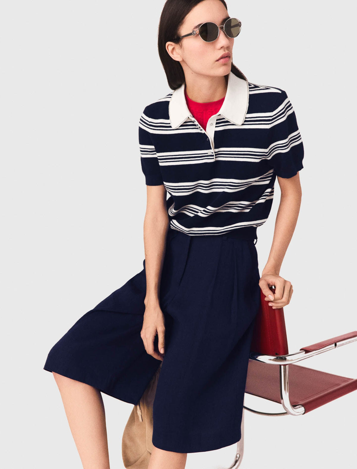 Striped polo with rhinestone collar | Maje