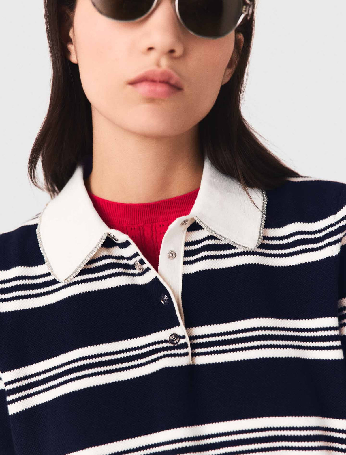 Striped polo with rhinestone collar | Maje