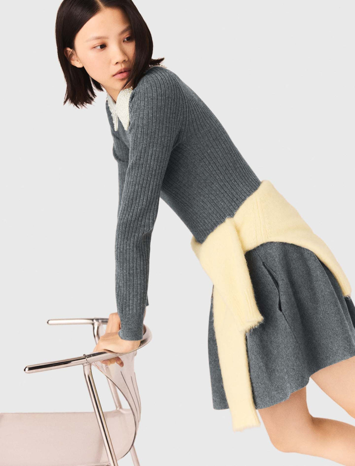Beaded-collar short knit dress | Maje