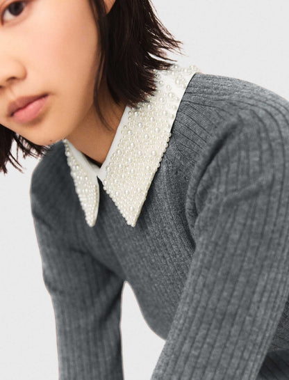 Beaded-collar short knit dress | Maje
