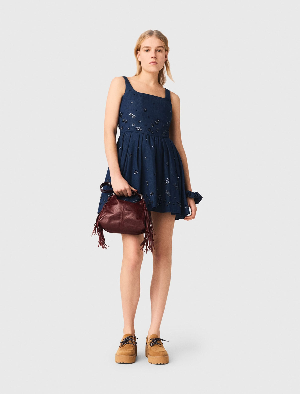 Flared embroidered denim dress | Maje