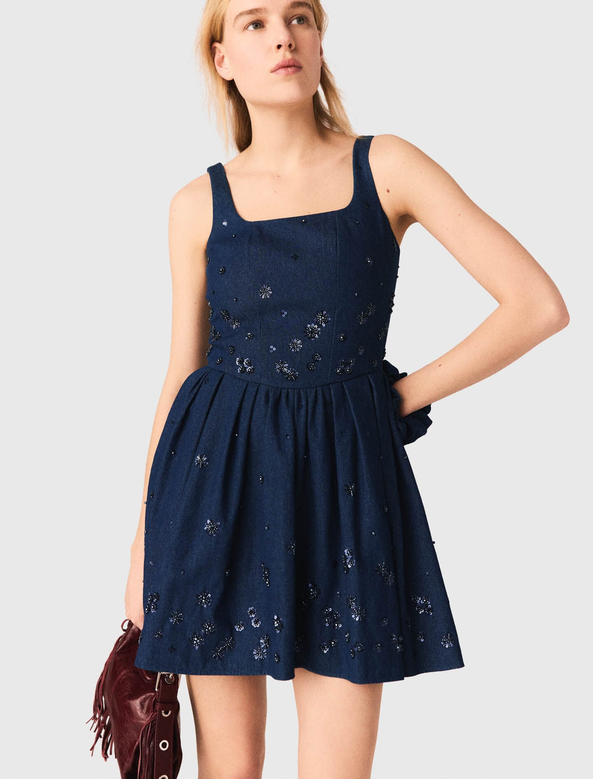 Flared embroidered denim dress | Maje