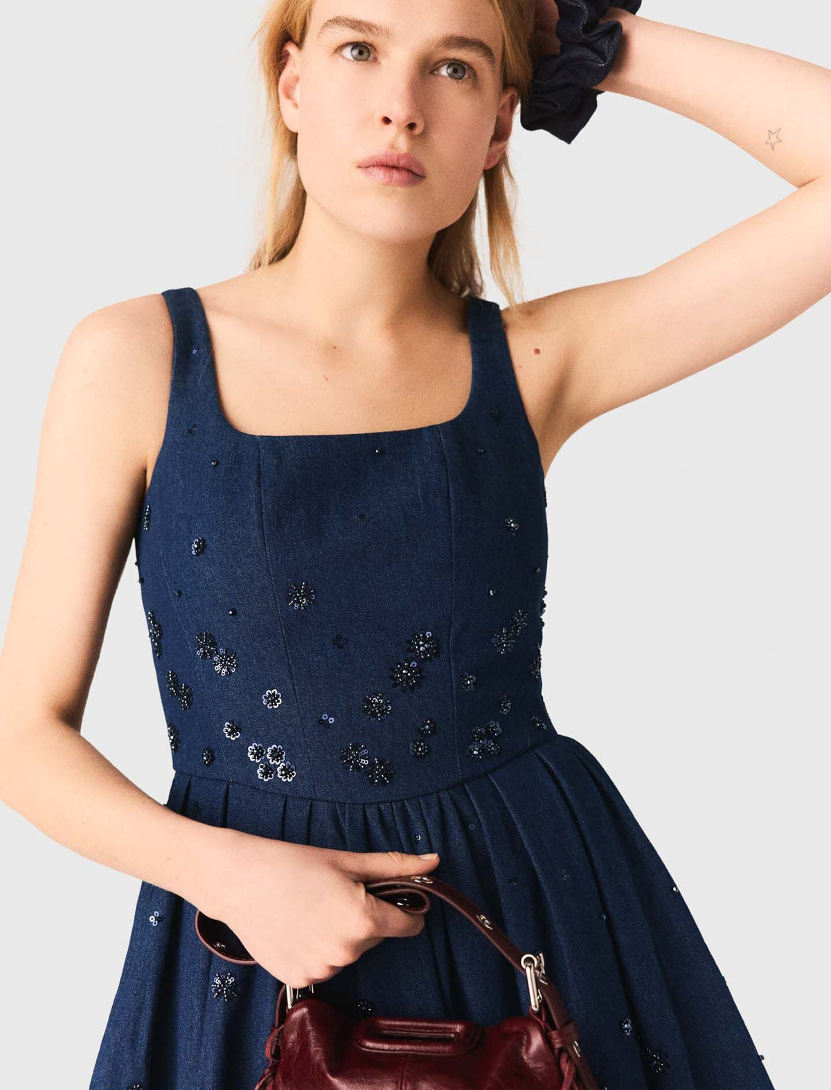 Flared embroidered denim dress | Maje
