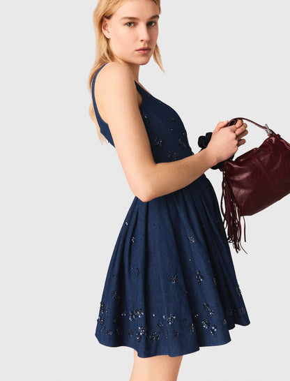 Flared embroidered denim dress | Maje