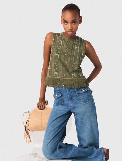 Fringed rhinestone flower top | Maje