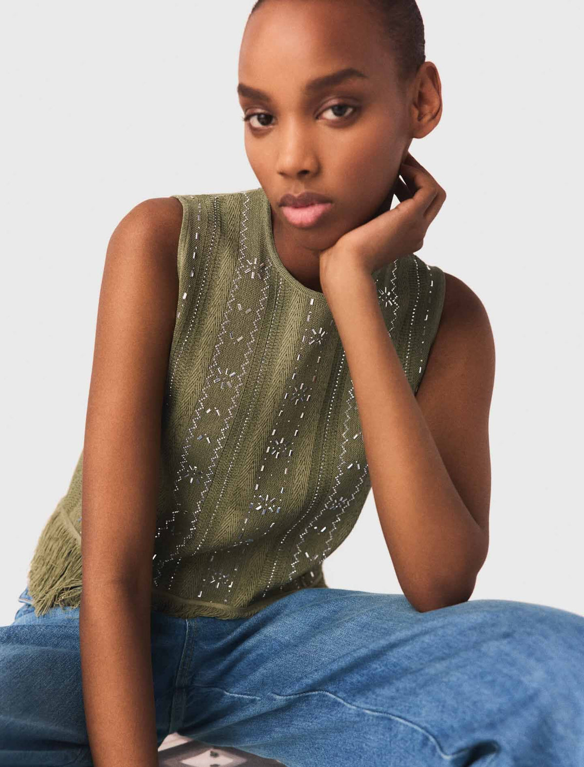 Fringed rhinestone flower top | Maje