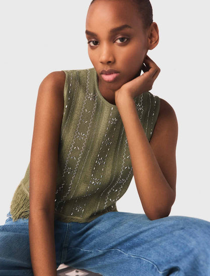 Fringed rhinestone flower top | Maje
