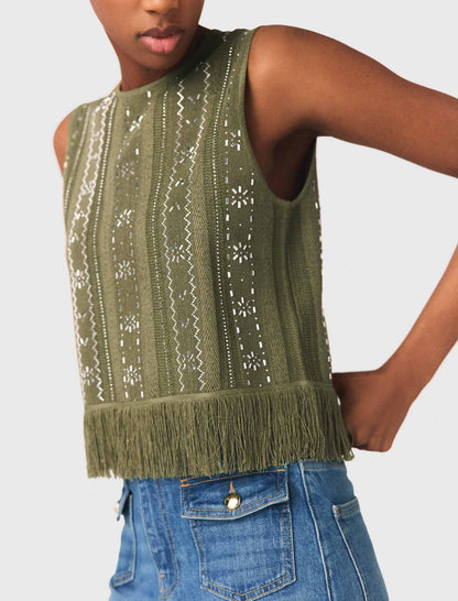 Fringed rhinestone flower top | Maje