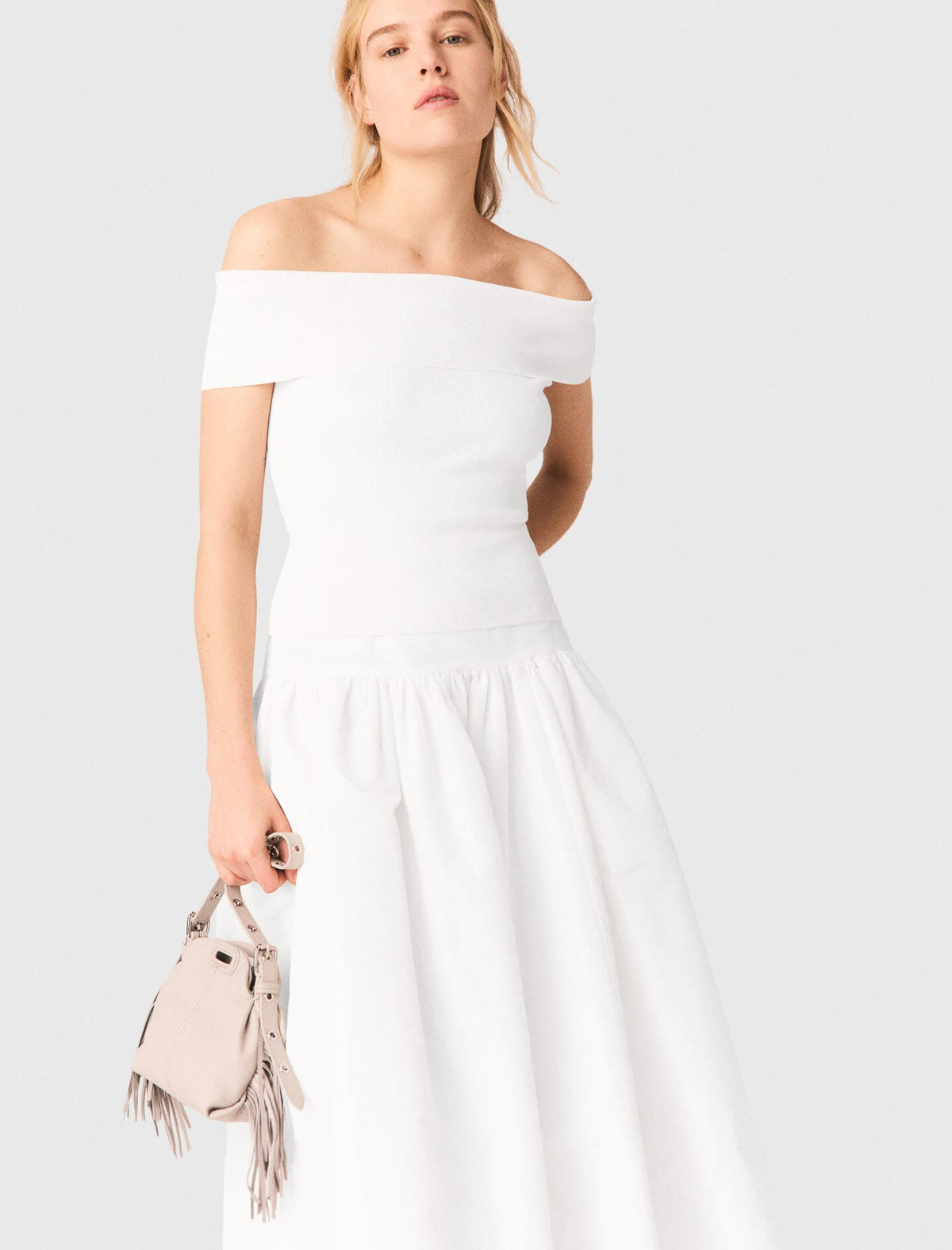 Rib knit bardot-neck top | Maje