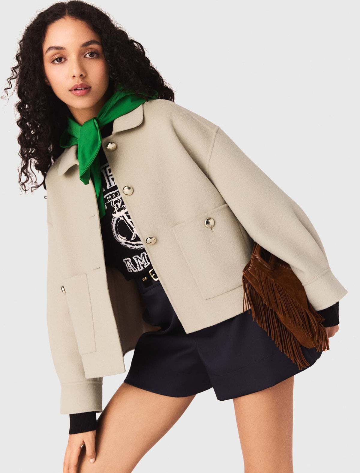 Cropped wool jacket with pleated back | Maje