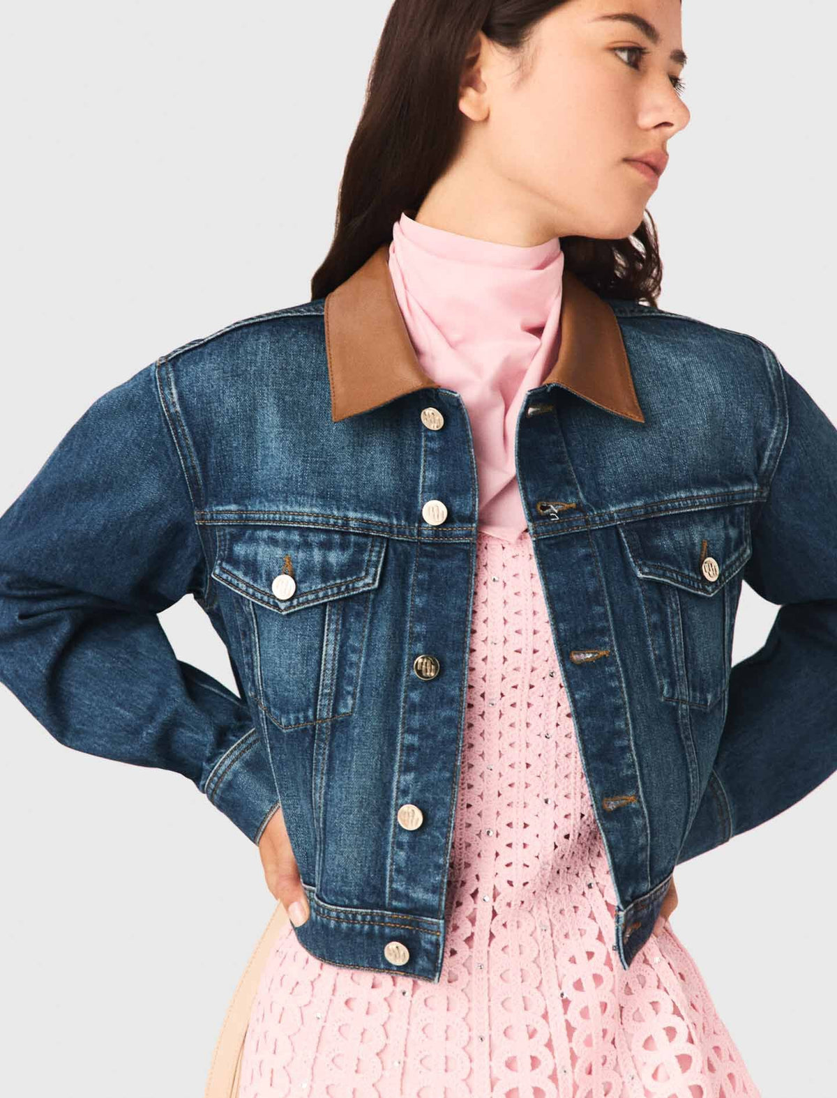 Denim jacket with leather collar | Maje