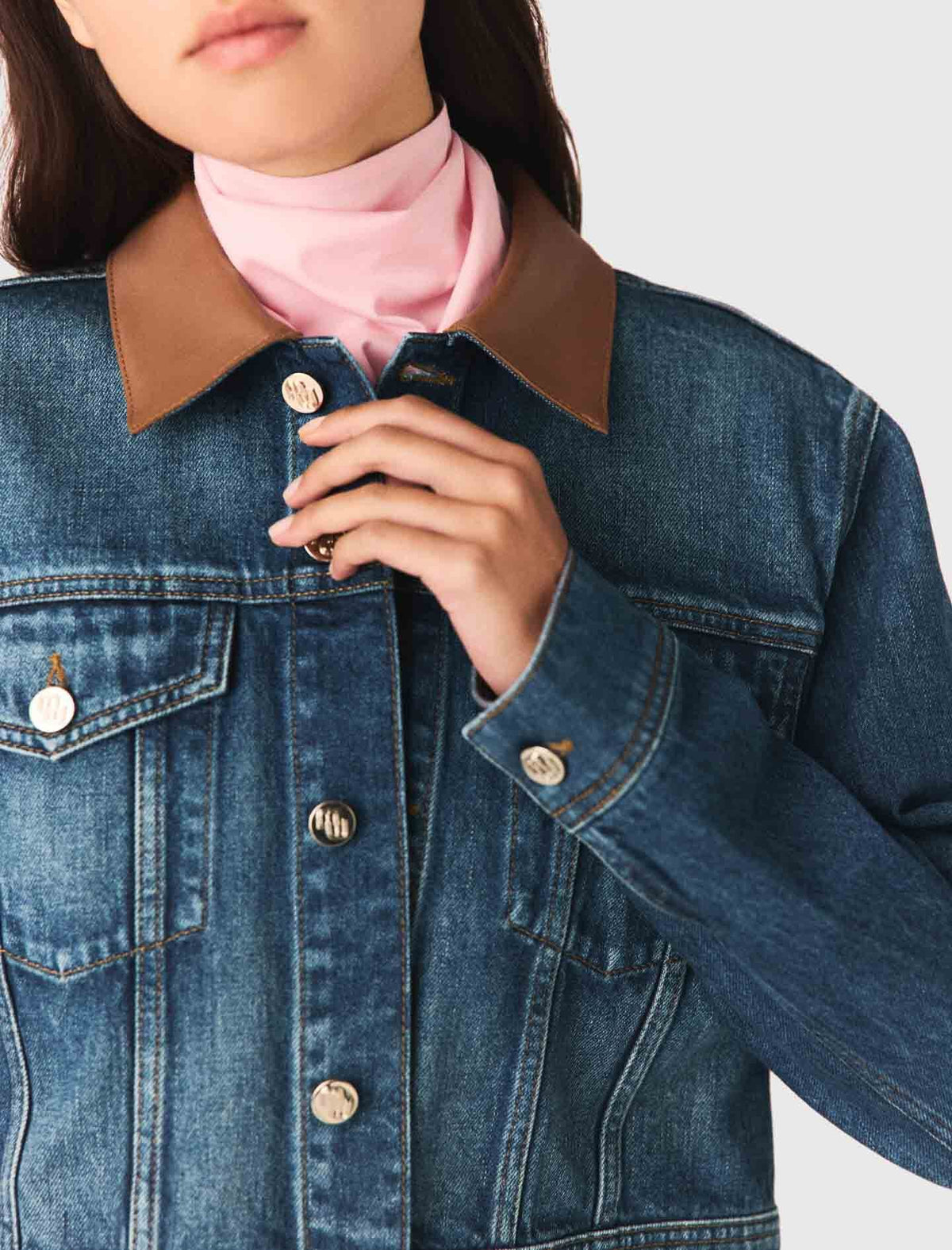 Denim jacket with leather collar | Maje