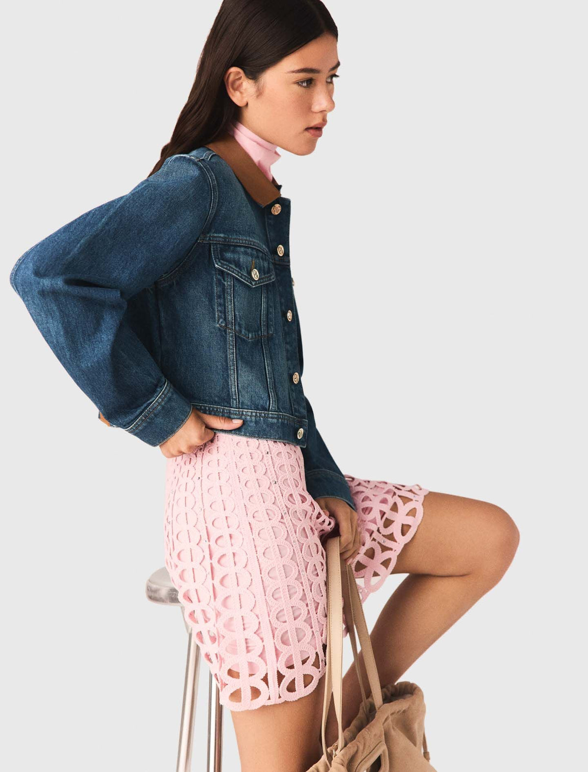 Denim jacket with leather collar | Maje