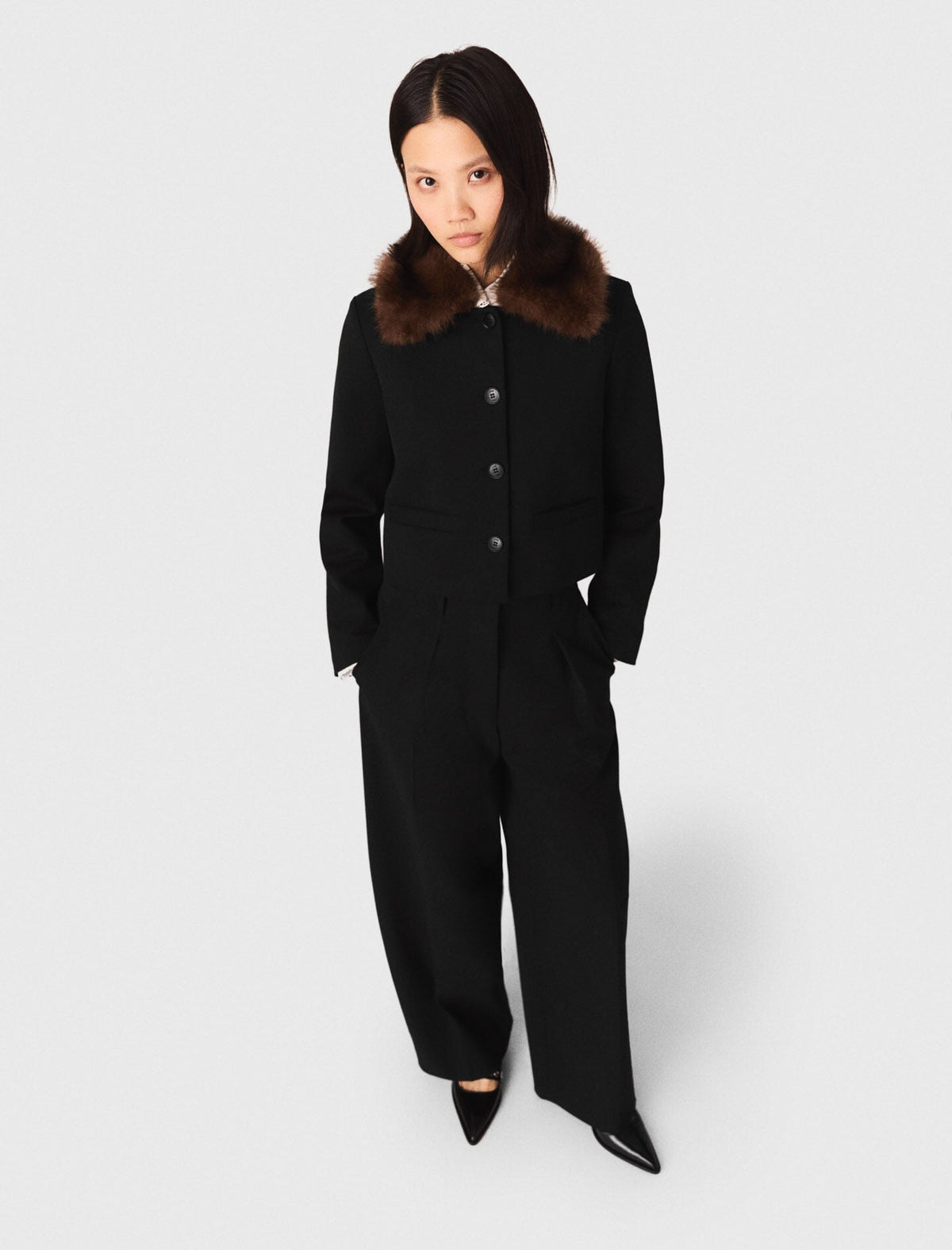 Cropped jacket with removable fur collar | Maje