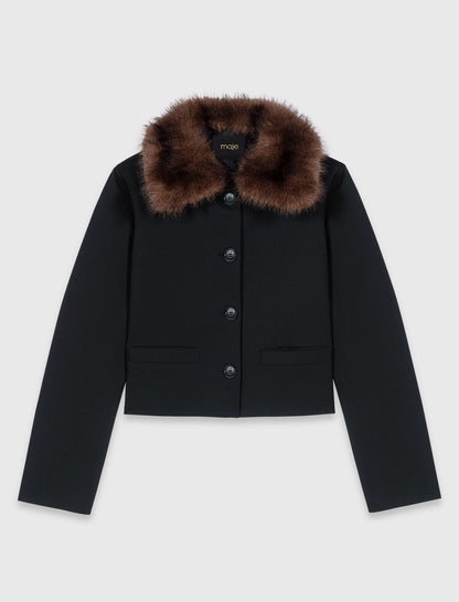 Cropped jacket with removable fur collar | Maje