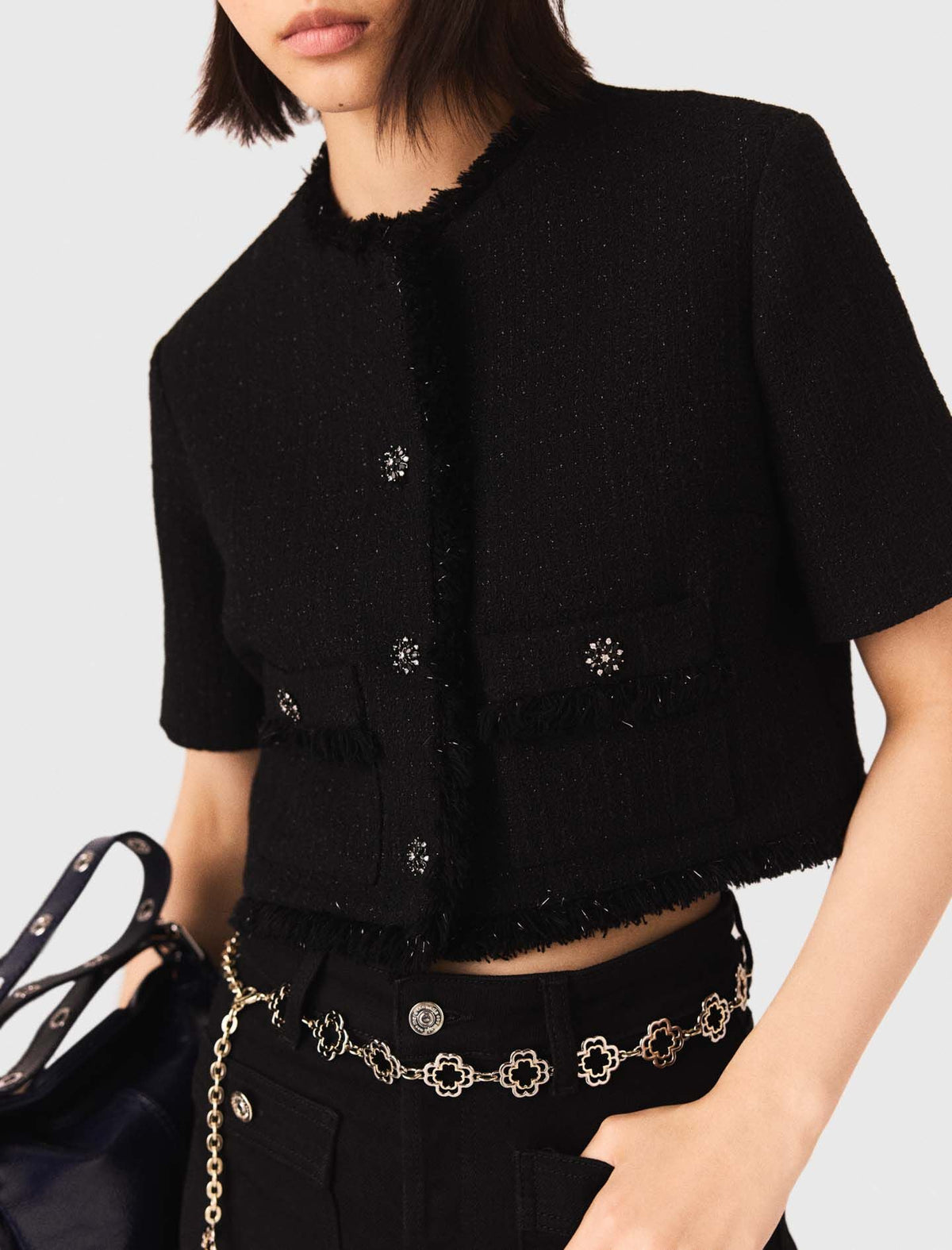 Cropped shiny tweed jacket | Maje