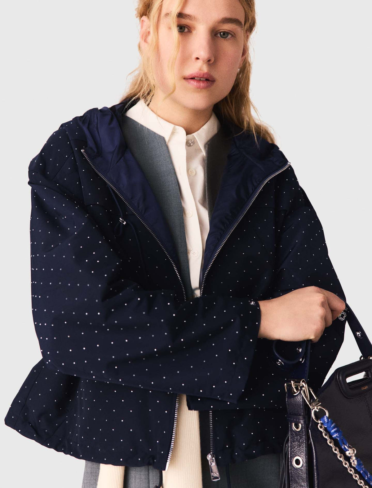 Hooded windbreaker with rhinestones | Maje