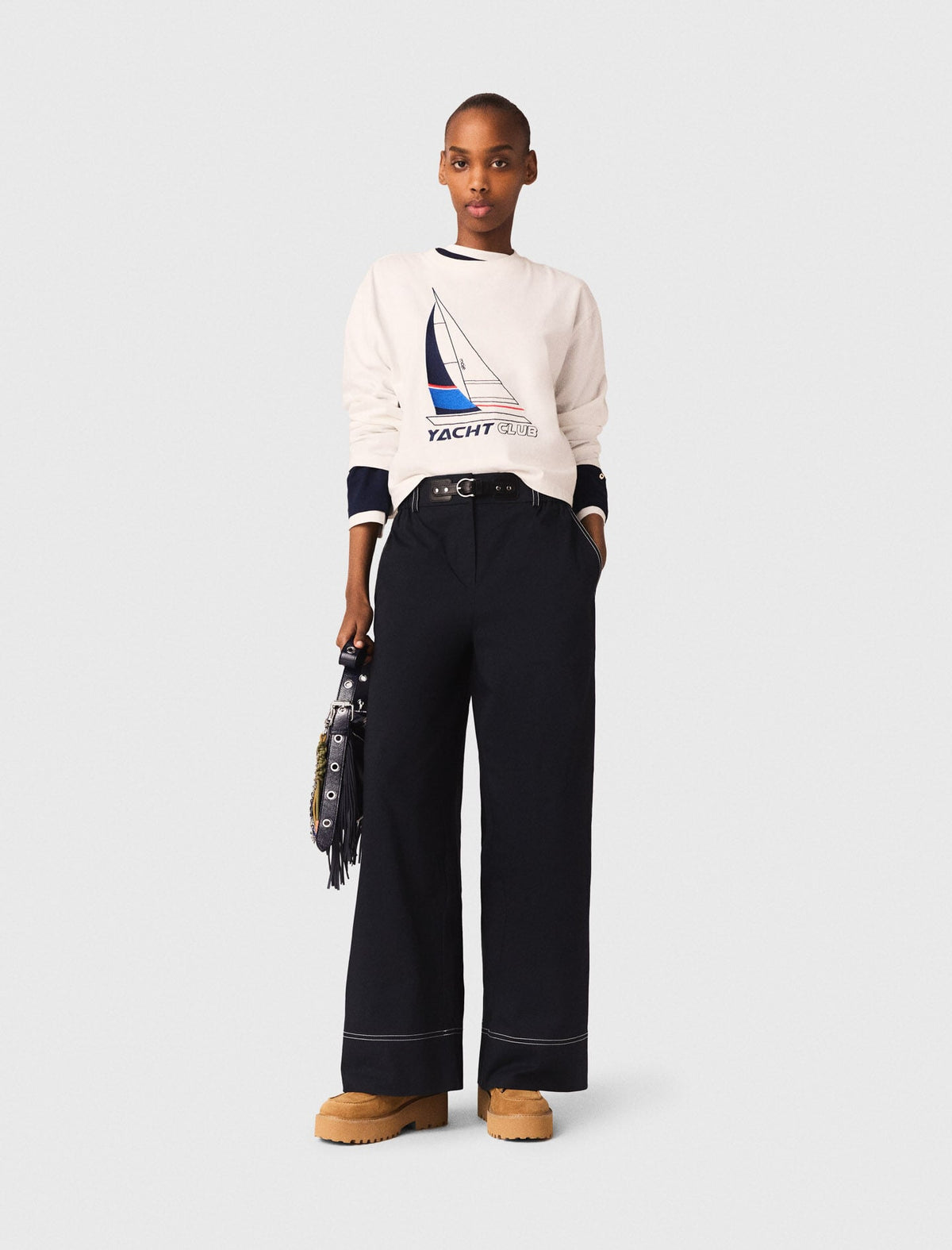 Cotton trousers with leather belt | Maje