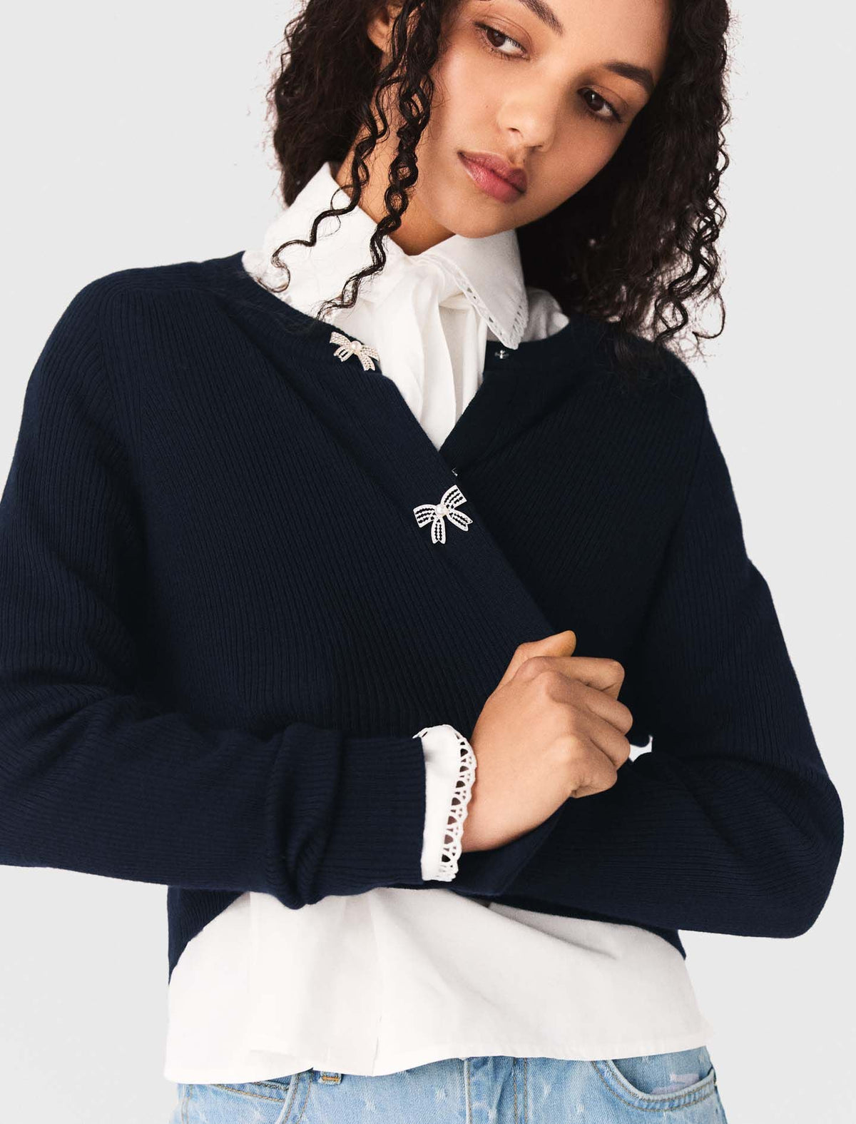 Jewelled bow-button cardigan | Maje