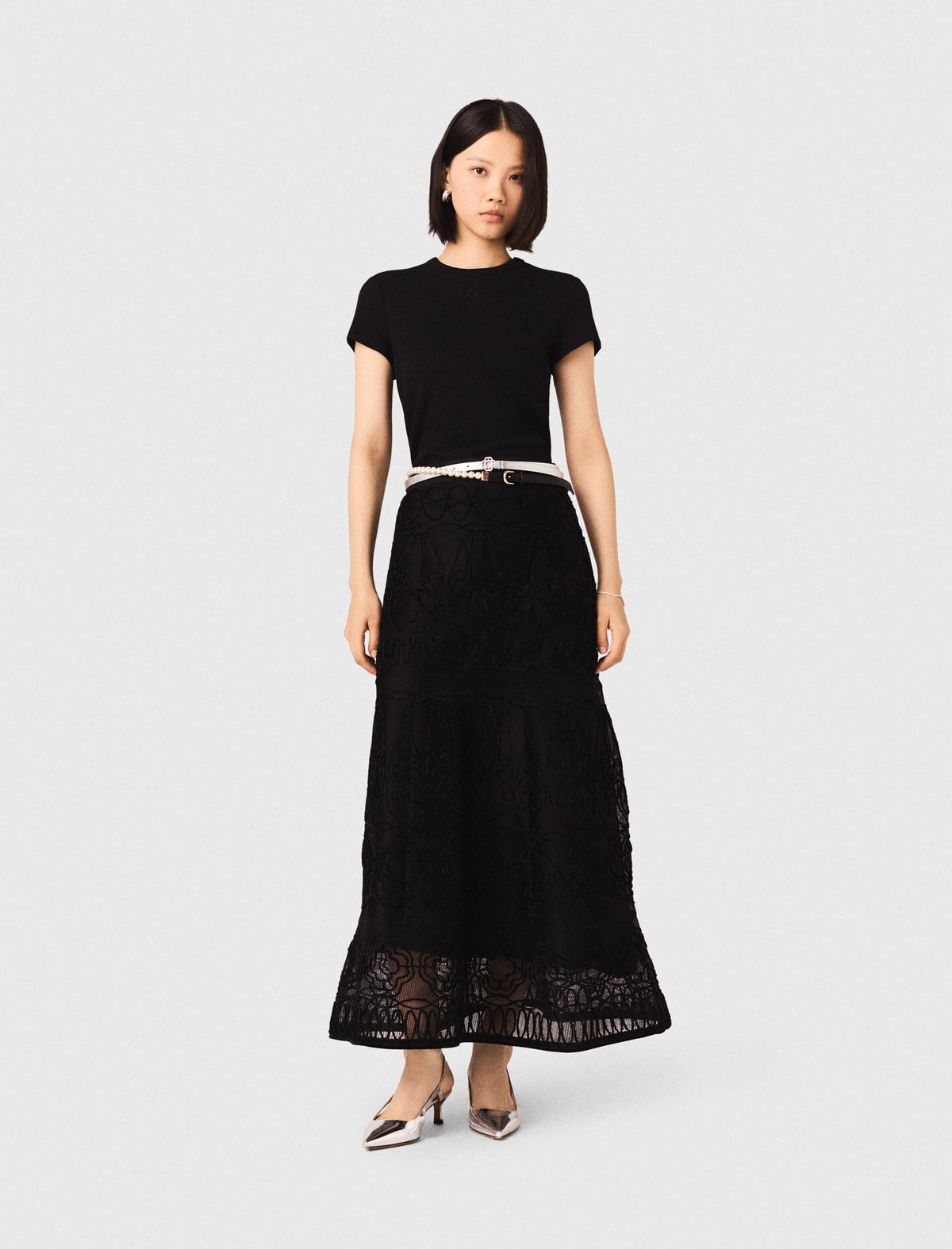 Embroidered basket-weave knit skirt | Maje