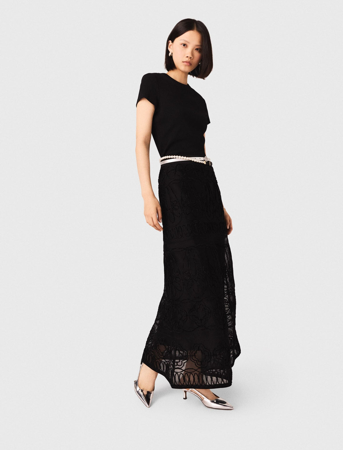 Embroidered basket-weave knit skirt | Maje