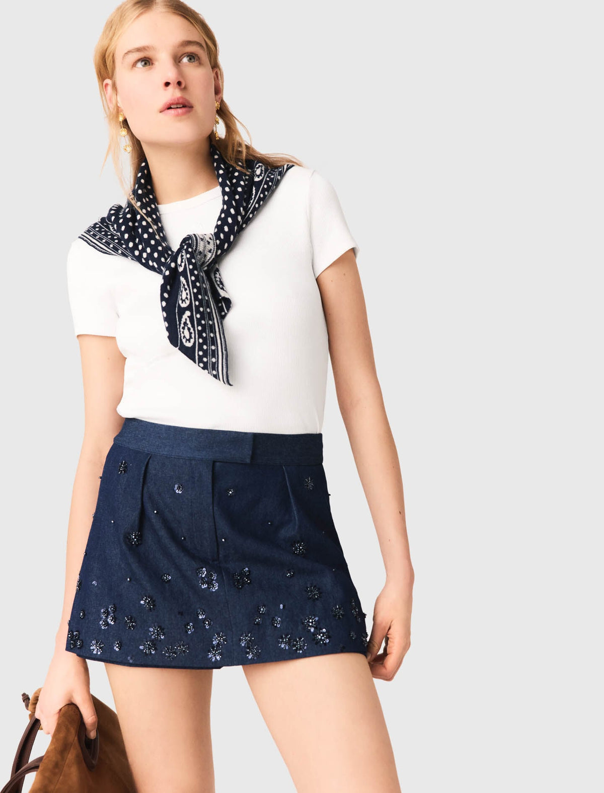 Layered effect embroidered denim skort | Maje