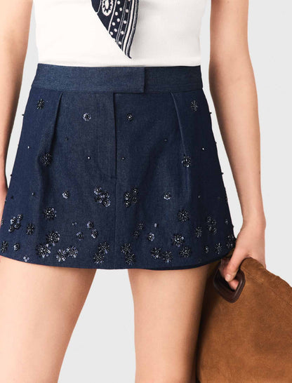 Layered effect embroidered denim skort | Maje